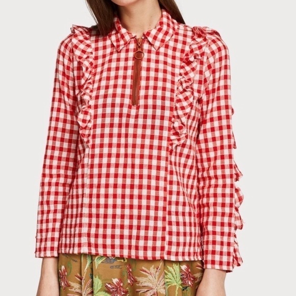 Scotch & Soda Ruffled Gingham Quarter Zip Top Size Extra Small - Picture 1 of 7